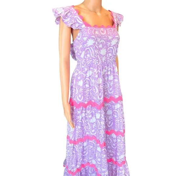 Pink City Prints Xanthe Dress Medium NWT Lilac Begonia Print Ruffle Rickrack - Picture 7 of 10